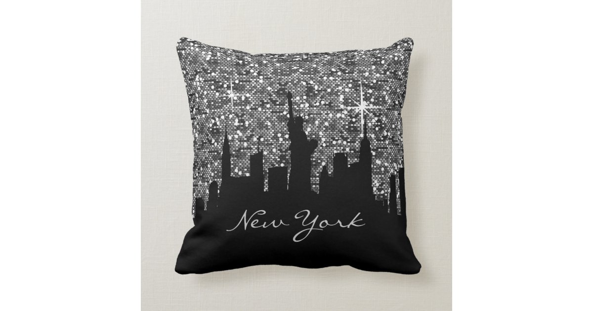 Black and Silver Confetti Glitter New York Skyline Throw Pillow Zazzle