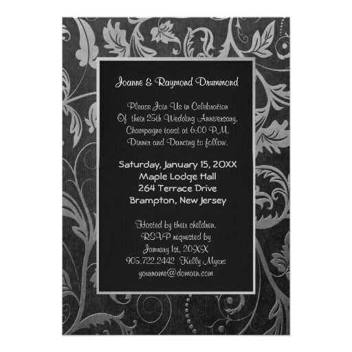 Black and Silver Damask 25th Wedding Anniversary Custom Invitations