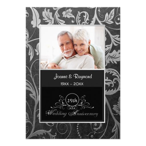 Black and Silver Damask 25th Wedding Anniversary Custom Invitations (front side)