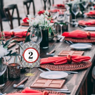 Black and Silver Damask Red Trim Table Number