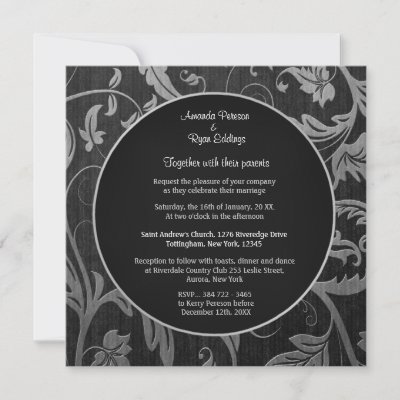 Elegant Wedding invitation on black and gold floral damask with silver 