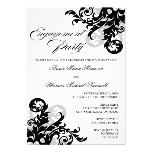 Black and Silver Flourish Engagement Party Announcement (front side)