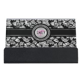 Black And Silver Gray Damask Desk Business Card Holder