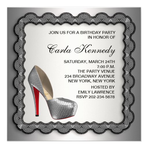 Black and Silver High Heel Shoe Birthday Party Custom Announcement