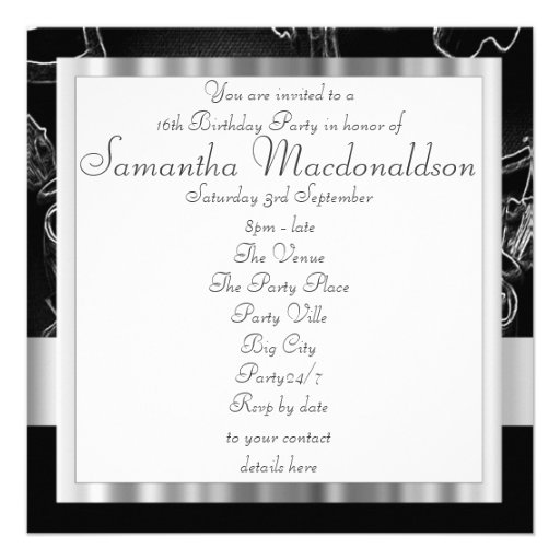 Black and silver sweet sixteen custom invites