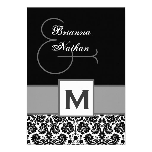 Black and Silvery Gray Monogram Damask Template Invites