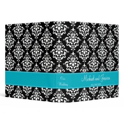 Black and Teal Blue Damask Personalized Wedding 3 Ring Binders