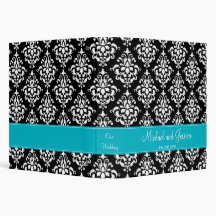 Black and Teal Blue Damask Personalized Wedding 3 Ring Binders