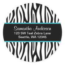 Black and Teal Blue Zebra Custom Address Label Round Stickers