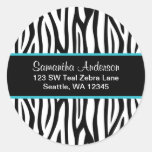 Black and Teal Blue Zebra Custom Address Label Round Stickers