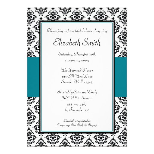 Black and Teal Damask Bridal Shower Invitation