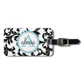 Black and Turquoise Monogrammed Damask Print Tag For Bags