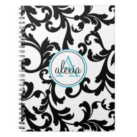 Black and Turquoise Monogrammed Damask Print Note Books