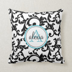 Black and Turquoise Monogrammed Damask Print Throw Pillows