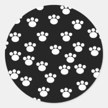 Black and White Animal Paw Print Pattern. Round Stickers