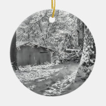 Black and White Backlit Rural Snow Scene Christmas Ornament