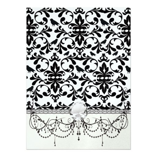 black and white birds intricate damask pattern invite