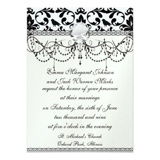 black and white birds intricate damask pattern invite