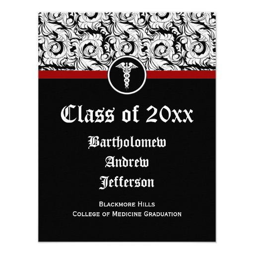 Black and White Caduceus Medical School Graduation Personalized Invitations (front side)