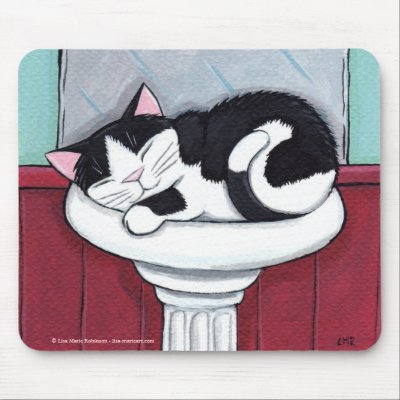 Black and White Cat in Bathroom Sink - Cat Art Mouse Pads by LisaMarieArt