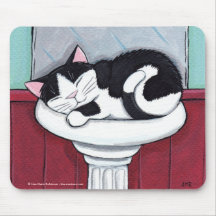 Black and White Cat in Bathroom Sink - Cat Art Mouse Pads