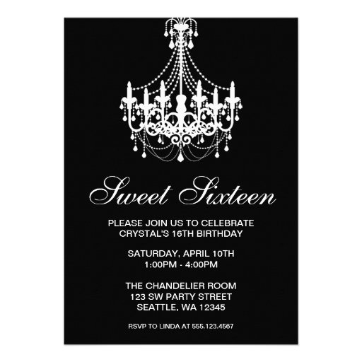 Black and White Chandelier Sweet Sixteen Birthday Custom Invitations
