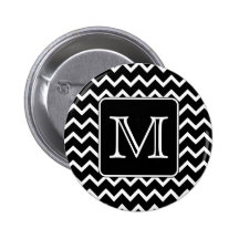 Black and White Chevron with Custom Monogram. Pinback Buttons