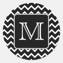 Black and White Chevron with Custom Monogram. Round Stickers