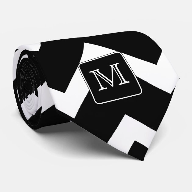 Black and White Chevron with Custom Monogram. Tie-0