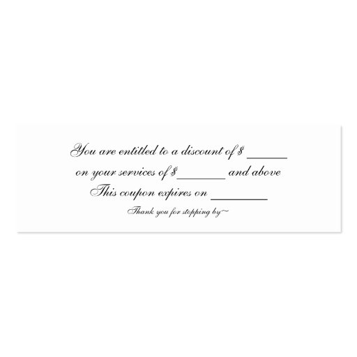 black and white Chic discount coupon Business Card Template (back side)