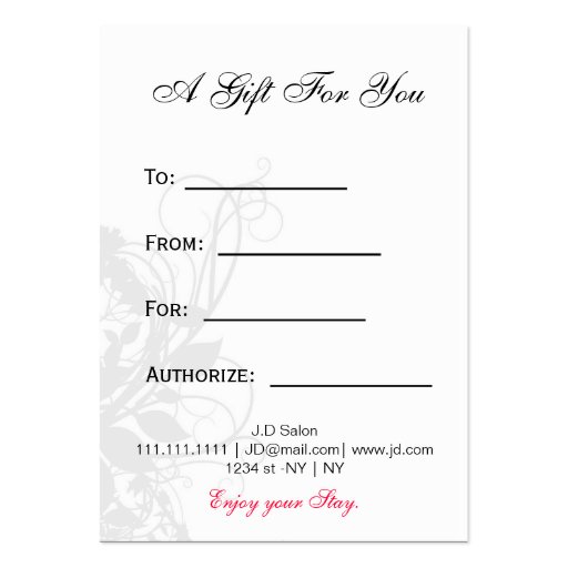 black and white Chic Gift Certificates Business Card (back side)