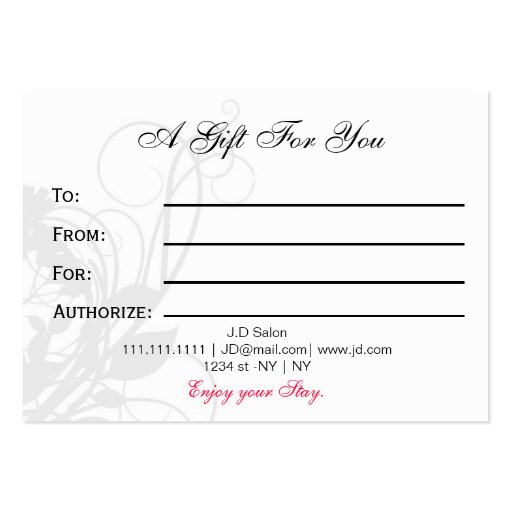 black and white Chic Gift Certificates Business Card Template (back side)