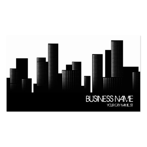 black and white cityscape business card template (front side)
