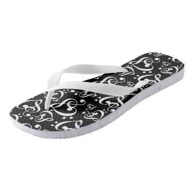 Black And White Clef Hearts Music Notes Shoes Flip Flops