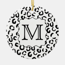 Black and White Custom Monogram Leopard Print. Christmas Ornaments