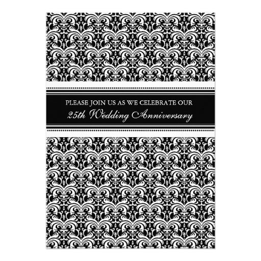Black and White Damask 25th Anniversary Party Cards (front side)
