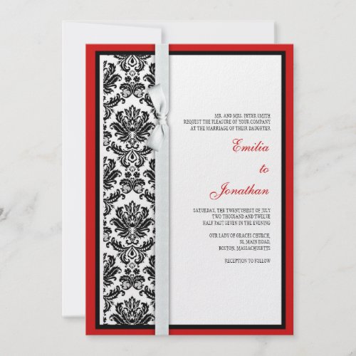 Black and White Damask Bow Wedding Invitation invitation Red 
