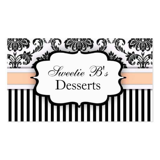 Black and White Damask Business Card with Peach (front side)