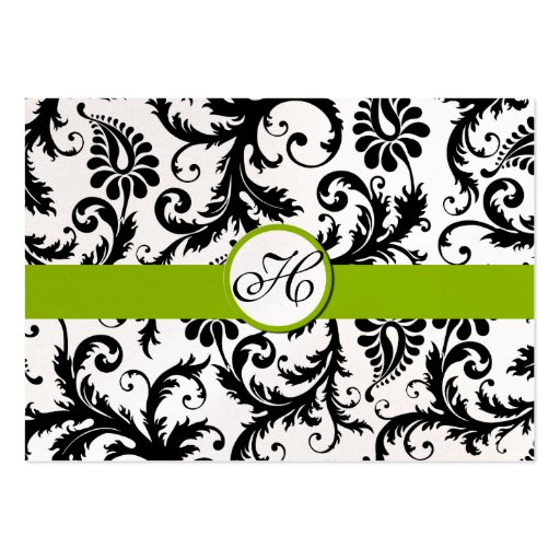Black and White Damask Floral with Apple Green Business Cards (back side)