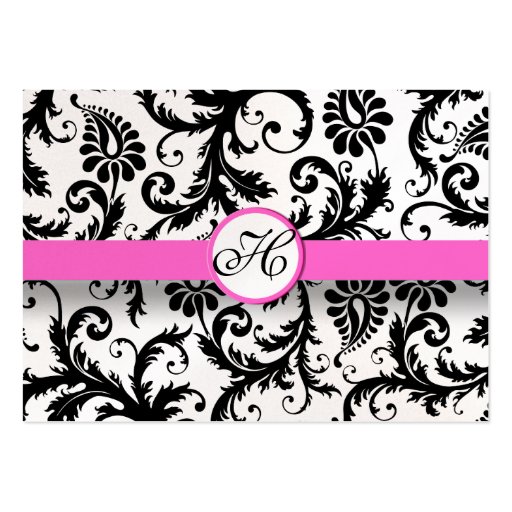 Black and White Damask Floral  with Pink Trim Business Card (back side)