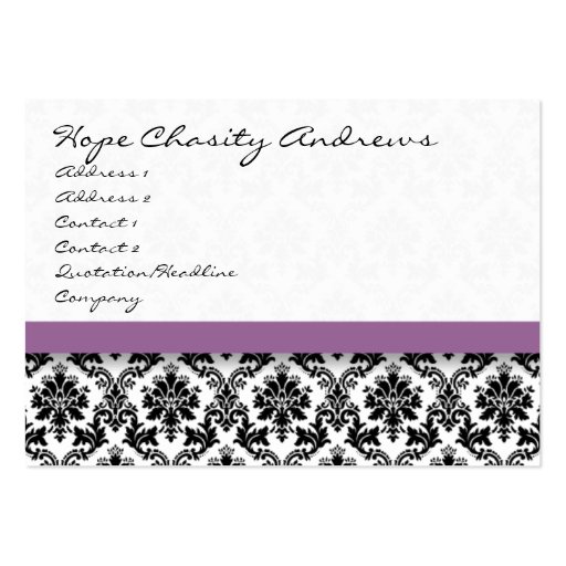 Black and White Damask Floral  with Purple Ribbon Business Card Templates (front side)