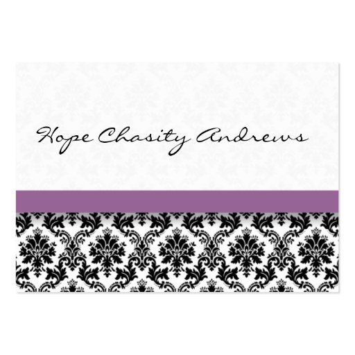 Black and White Damask Floral  with Purple Ribbon Business Card Templates (back side)