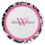 Black and White Damask Hot Pink Trim Dinner Plates