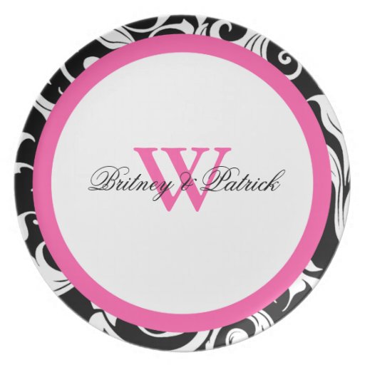 Black and White Damask Hot Pink Trim Dinner Plates Zazzle
