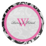Black and White Damask Hot Pink Trim Dinner Plates