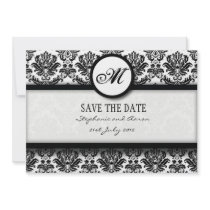 Black and White Damask Monogram Save The Date Card Invite