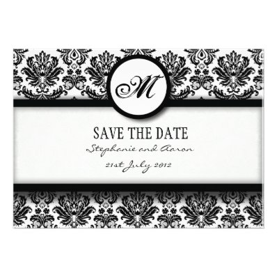 Black and White Damask Monogram Save The Date Card Invite