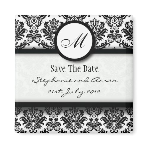 Black and White Damask Monogram Save The Date magnet