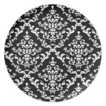 Black and White Damask Pattern Dinner Plate