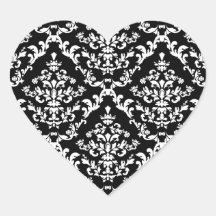 Black and White Damask Pattern Heart Stickers
